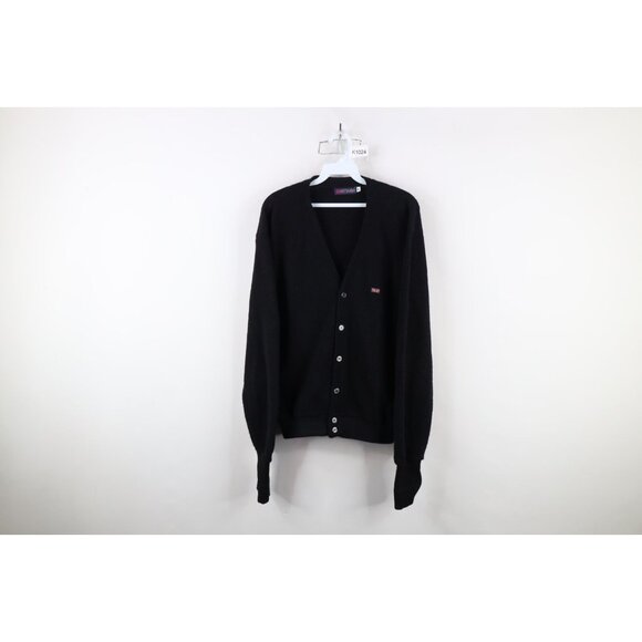 Vtg 70s Streetwear Mens Medium Union Jack Flag Knit Cardigan Sweater Black USA